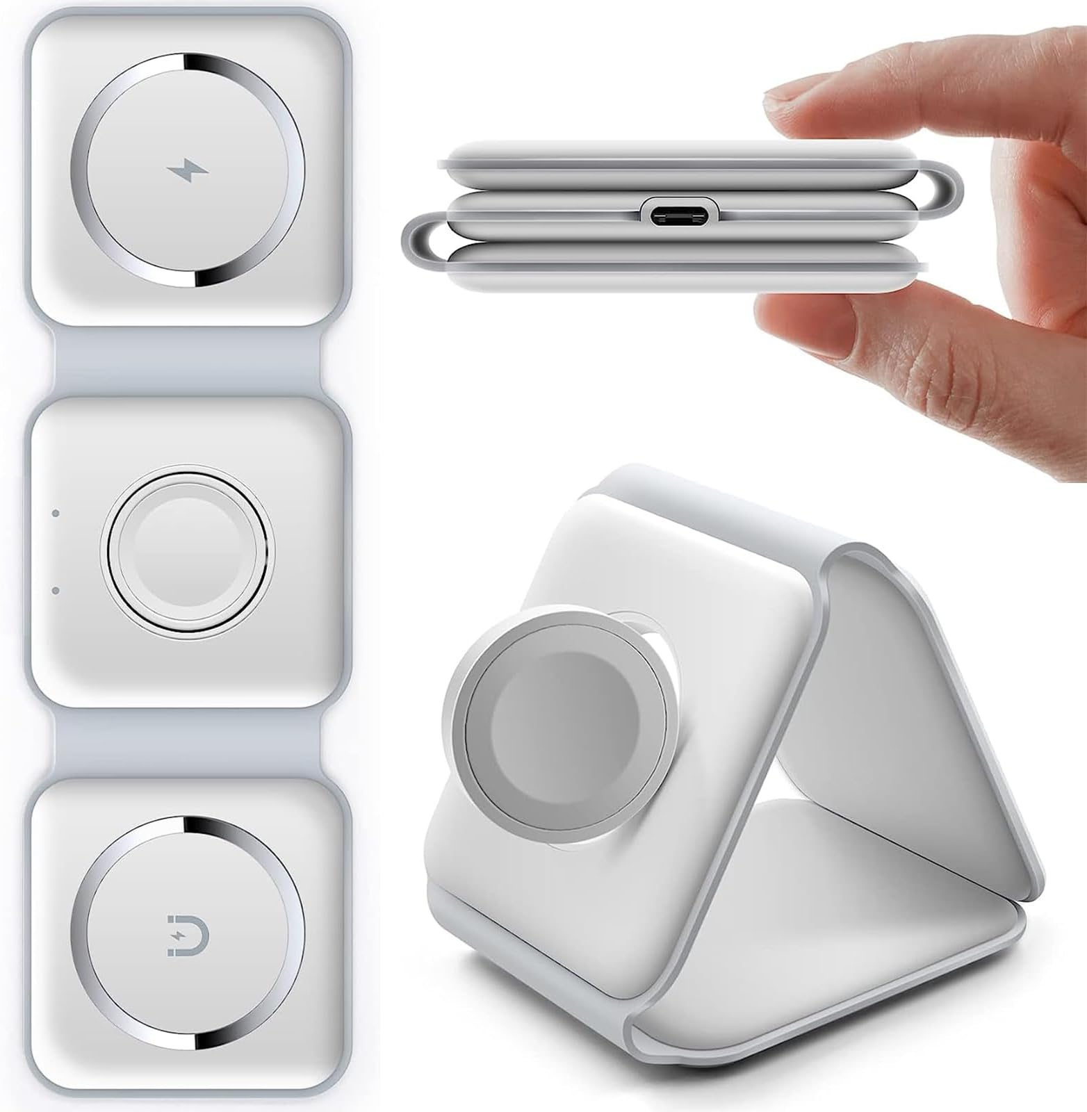 mione Wireless Charger Foldable 3 in 1 Magnetic Fast Wireless Charging Pad Station Charger Travel Charger for Multiple Devices for iPhone 14/13/12 Series, AirPods 3/2/Pro, iWatch