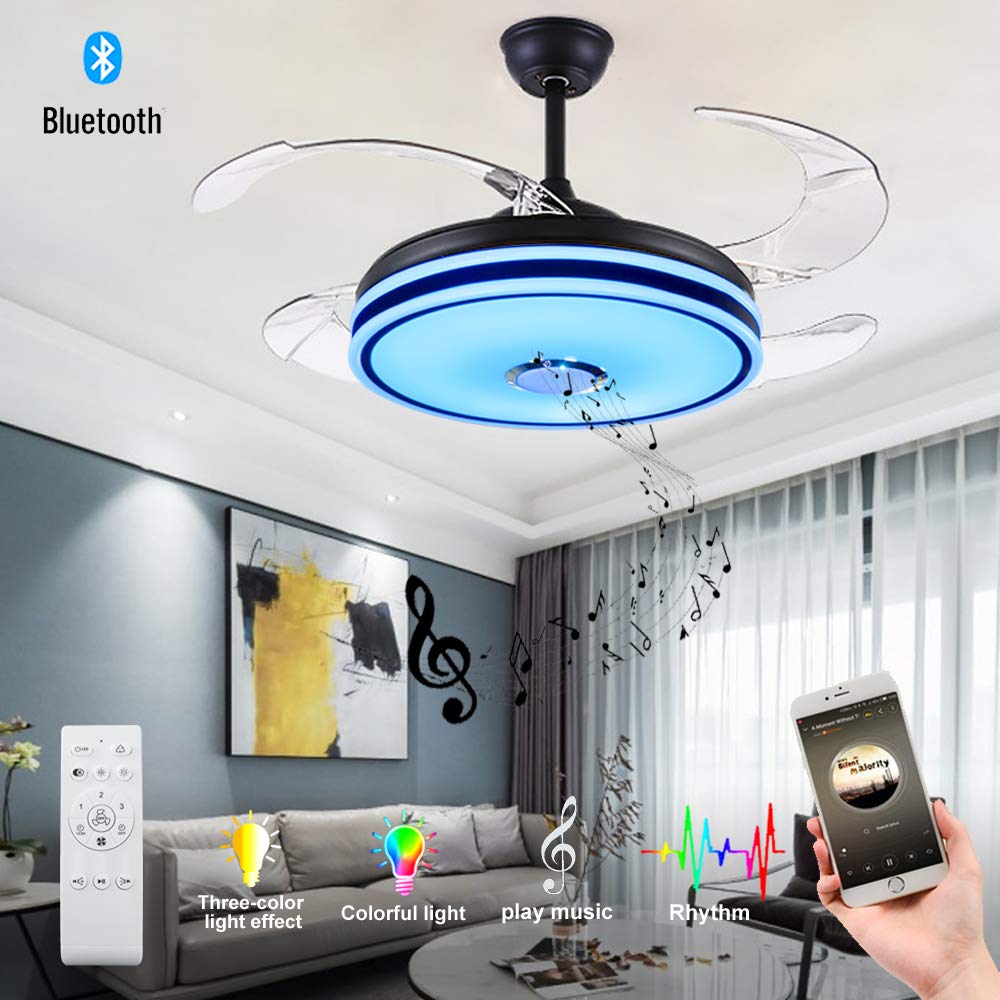 Retractable Ceiling Fan with Light with Bluetooth Speaker Color