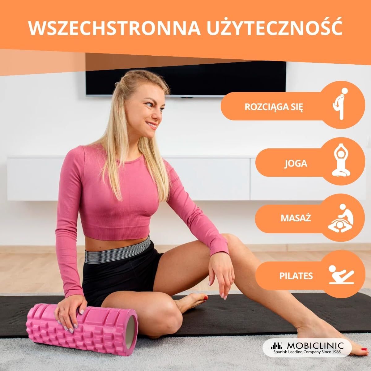 Mobiclinic® fitness, Wałek do masażu, Fitroller, Z pianki i eva, 14x33 cm, Pilates, Joga, Rozciąganie, Przenośny, Wielofunkcyjne użycie, Dla całego ciał, 3 poziomy