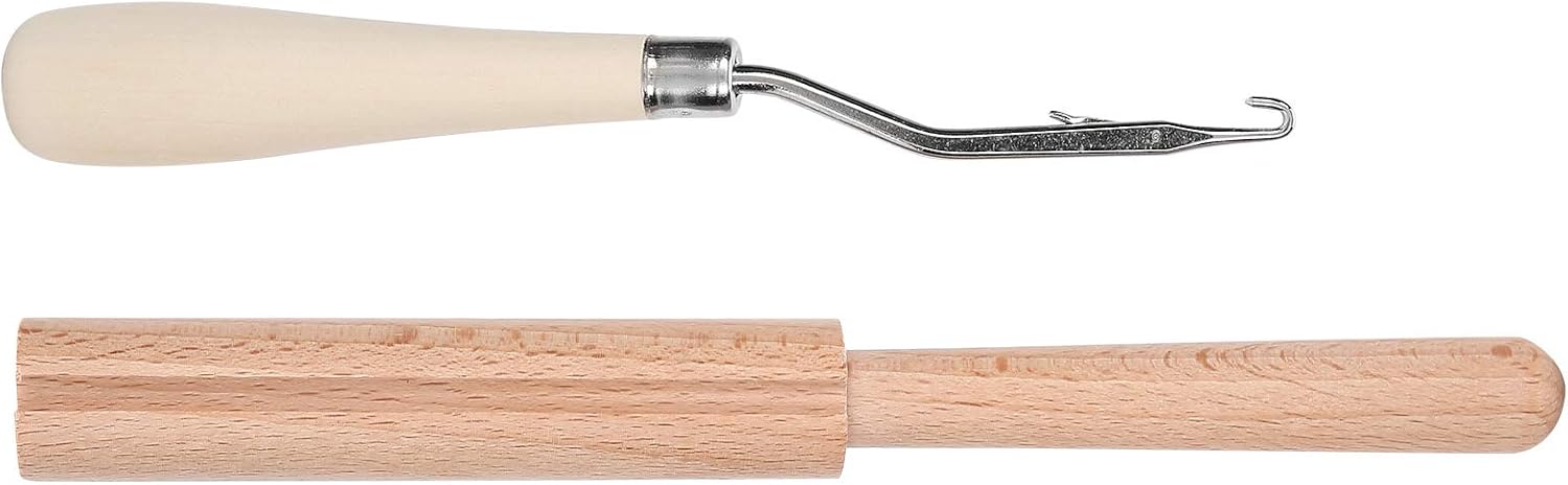 Crochet Hook, 6.3in Wooden Bent Latch Hook Tool Stainless Steel Bent Crochet Hook Set with Wooden Thread Cutter for Crafts Carpet Rug Tapestry Making