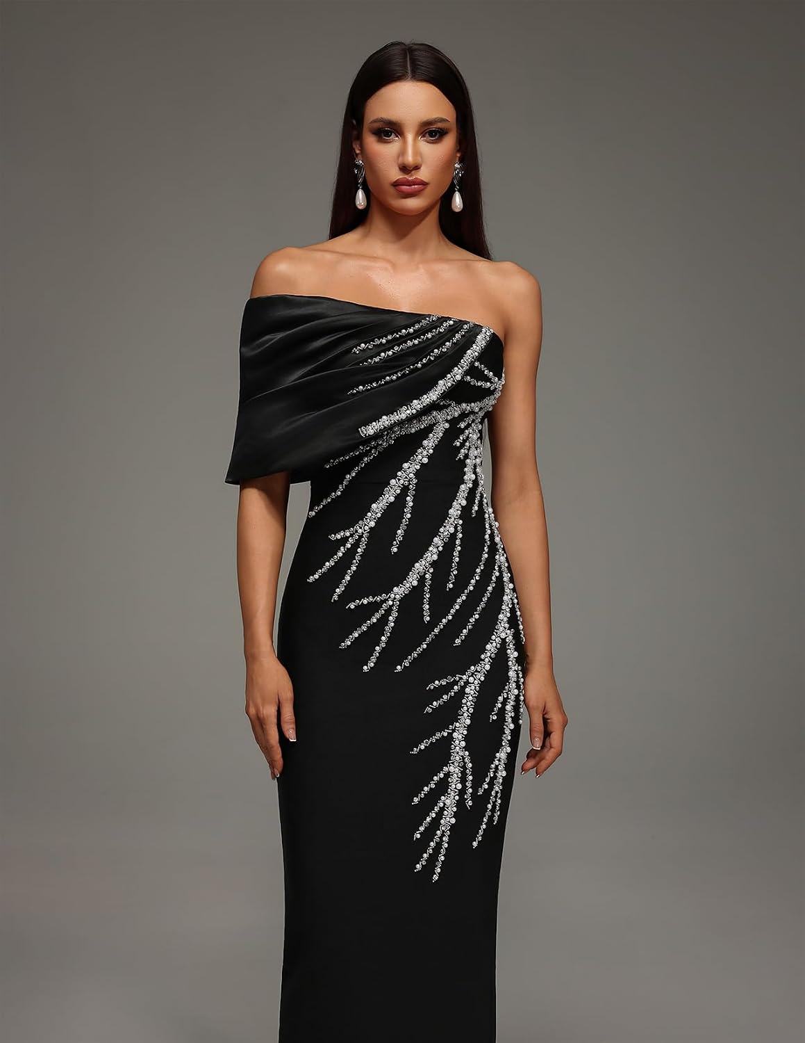 Black Elegant Strapless One Sleeve Maxi Bandage Stretch Prom Dress Sparkle Rhinestone Slim Waist Cocktail Evening Dress