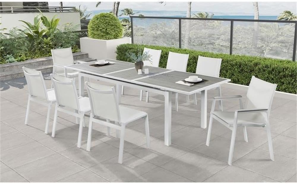 Pemberly Row Outdoor Extendable Patio Dining Table, 100.5" x 39" x 30", Gray Plastic Wood and White Aluminum, Contemporary Design, Includes Attachable Leaf, Ideal for Outdoor Entertaining