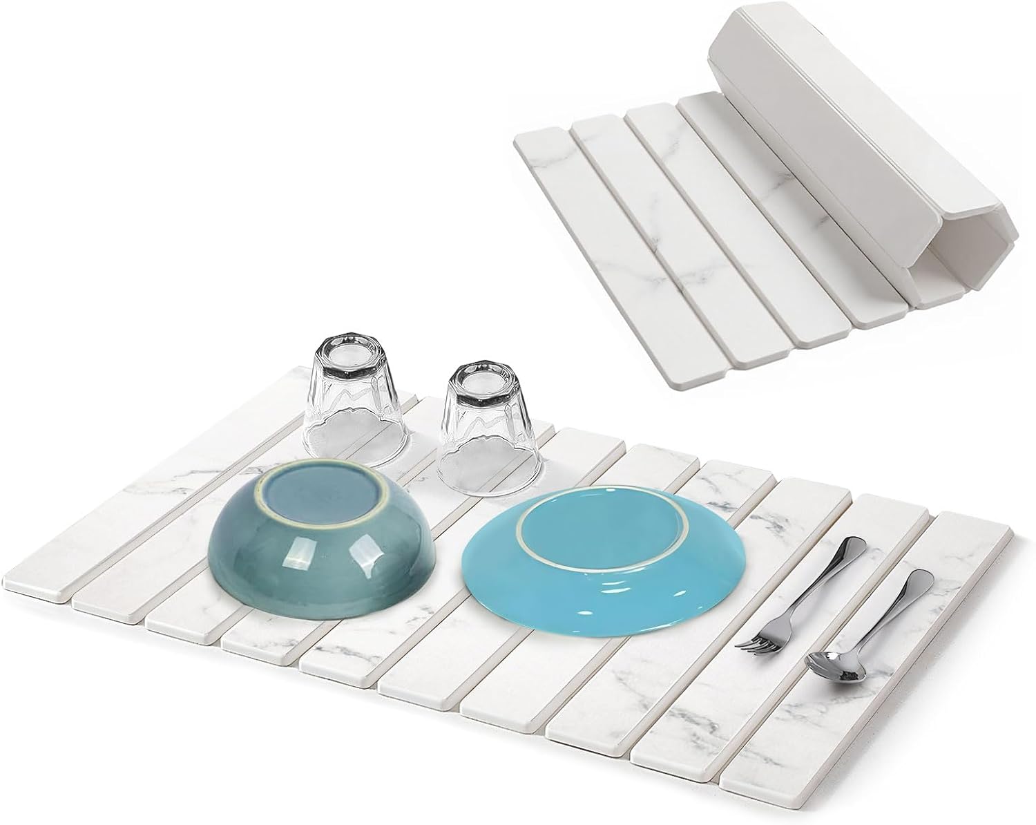 Large Stone Dish Drying Mat for Kitchen Counter 24"x16" Quick Dry Absorbent Collapsible Dish Drying Pad Diatomaceous Earth Mats for Dishes Cups Bottles (Marble-White)