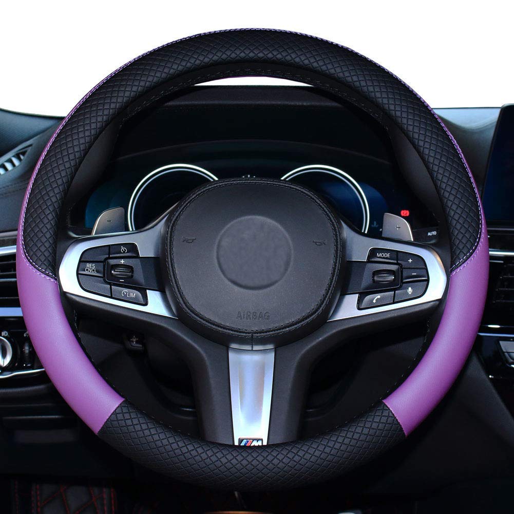 Photo 1 of Car Steering Wheel Cover, Leather, Universal 15 Inch Fit, Anti-Slip & Odor-Free (Black&Purple)