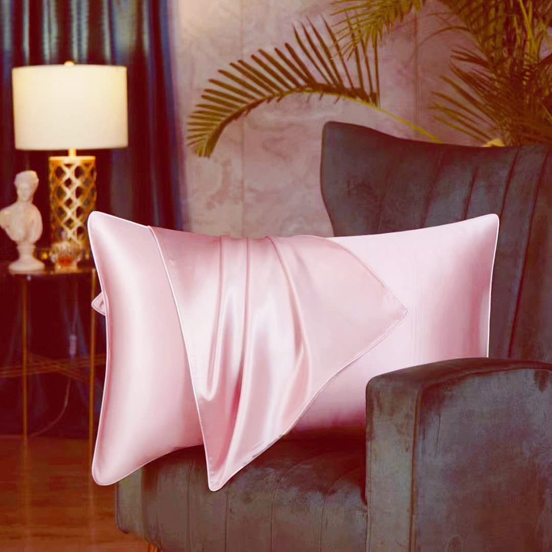 19 Momme Silk Pillowcase with Hidden Zipper, Double-Sided, Hair and Skin Care (Pink, Standard 50x75cm)