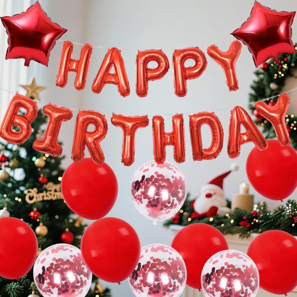 Birthday Decorations, Happy Birthday Balloons, Red Balloons, HSC 13 Pack Decoration Set with Latex and Confetti Balloon,Star Foil Balloon,Happy Birthdays Banner for Parties, Baby Showers, Wedding