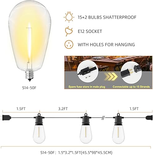 Miniatura 4 de Guirnalda de luces para exteriores de 25 pies IP65, impermeable, luces de patio con 8 + 1 bombillas LED inastillables de grado comercial, luces LED