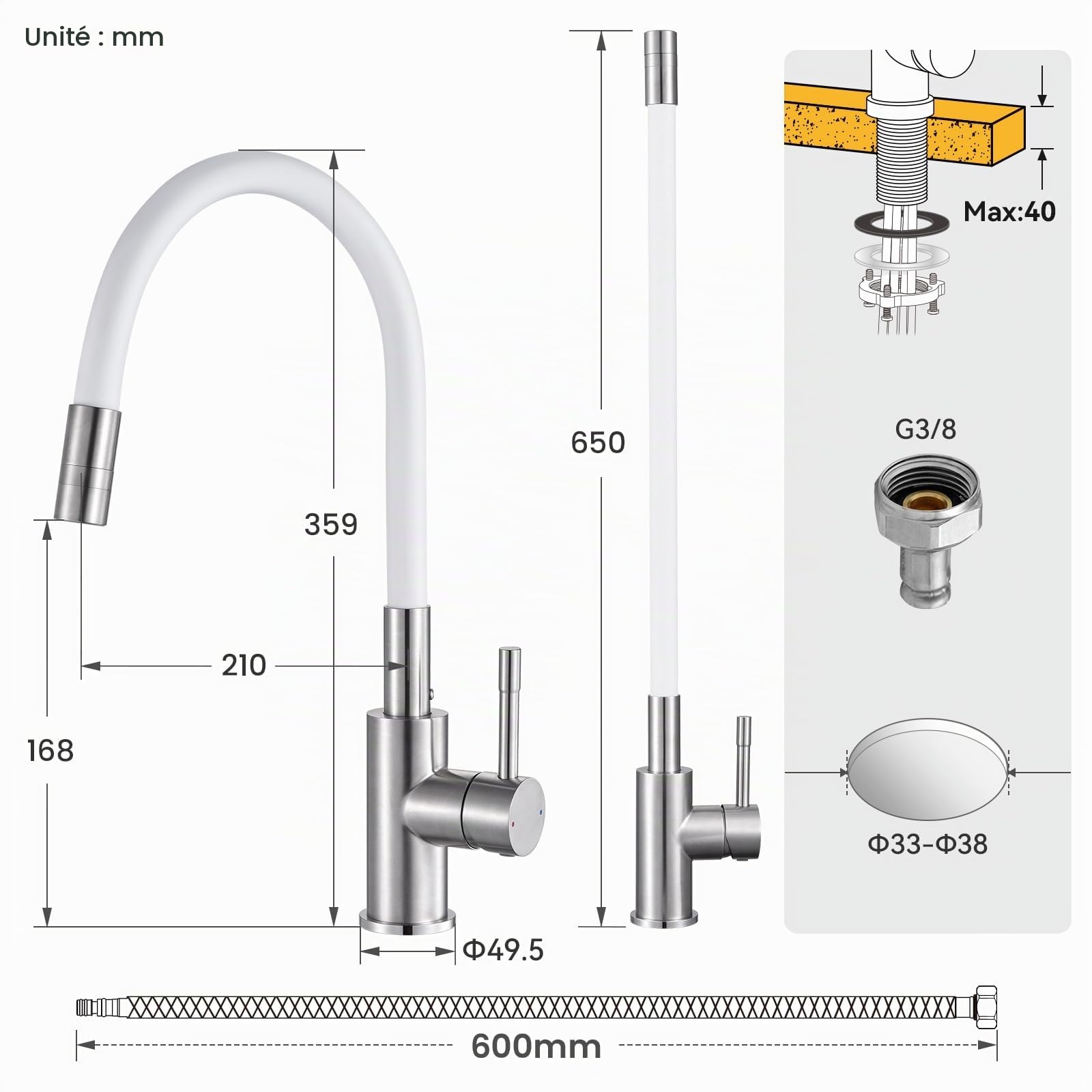 CECIPA Robinet de Cuisine Flexible, Mitigeur Cuisine Blanc Flexible Acier en Inoxydable 304, Mitigeur 2 Jets Mousse/Pulvérisation Pivotant 360°, Robinet d'Évier Haute Pression Économie d'Eau 40%
