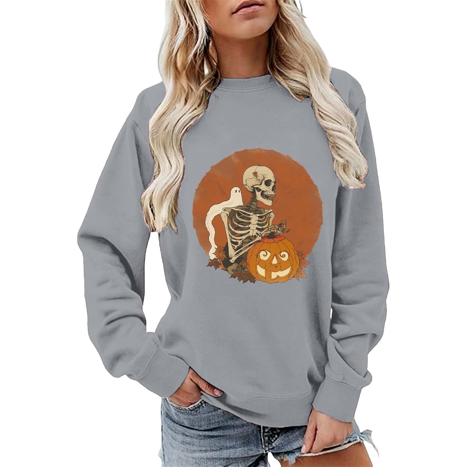Sudadera para mujer sin capucha con estampado de Halloween y cuello redondo para otoño 6