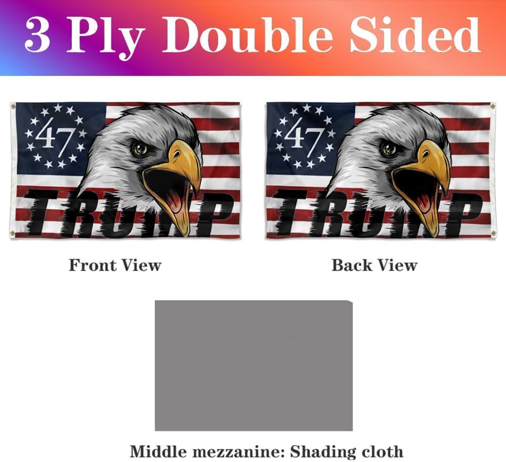 3ply Double Sided - Trump 47 Grommet Flag Trump 2024 Eagle Flag Banner for Premium Heavy Duty Durable Garden Decoration Outdoor and Indoor Flags with 2 Grommets (3x5ft)