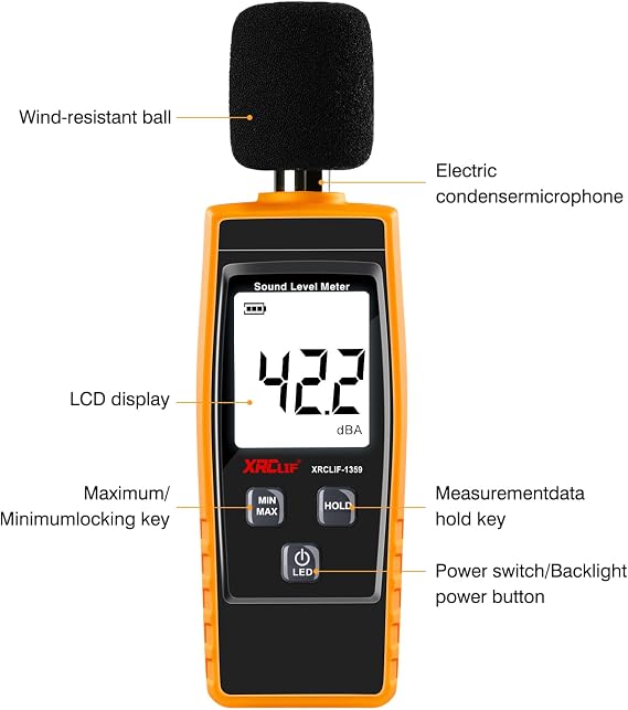 Digital Sound Level Meter with Programmable Alarm Value Function, 30-130dB(A) Decibel Sound Noise Meter Measurement with LCD Display, Max/Min/Hold Function