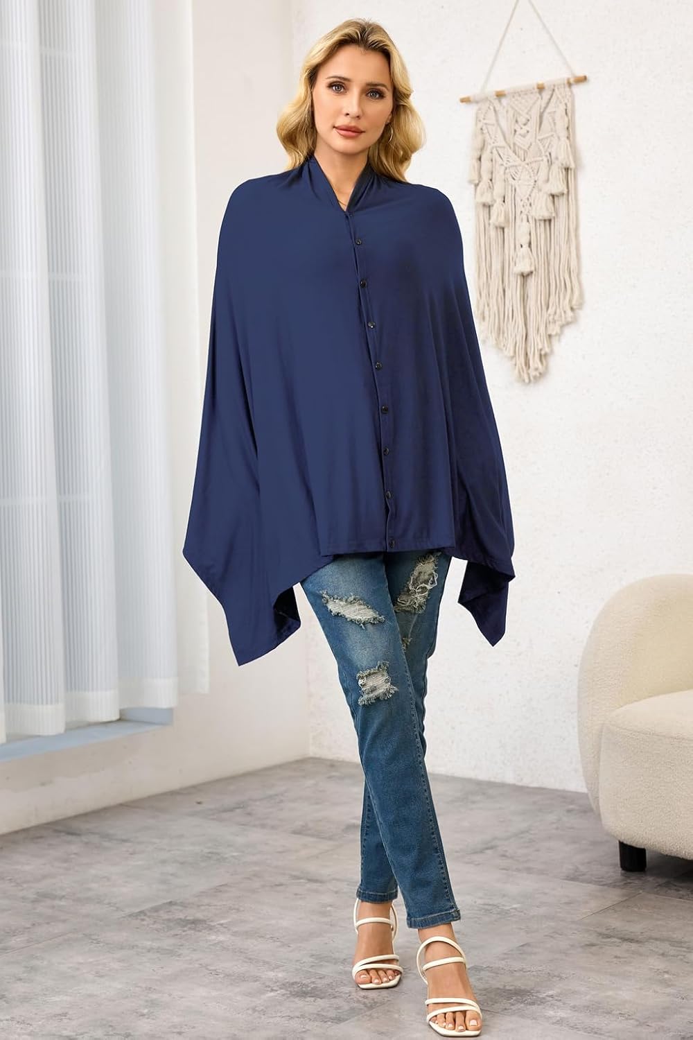 Ferand Women's Lightweight Poncho Tops Versatile Buttoned Shawl Wraps for Spring Summer - Image 6