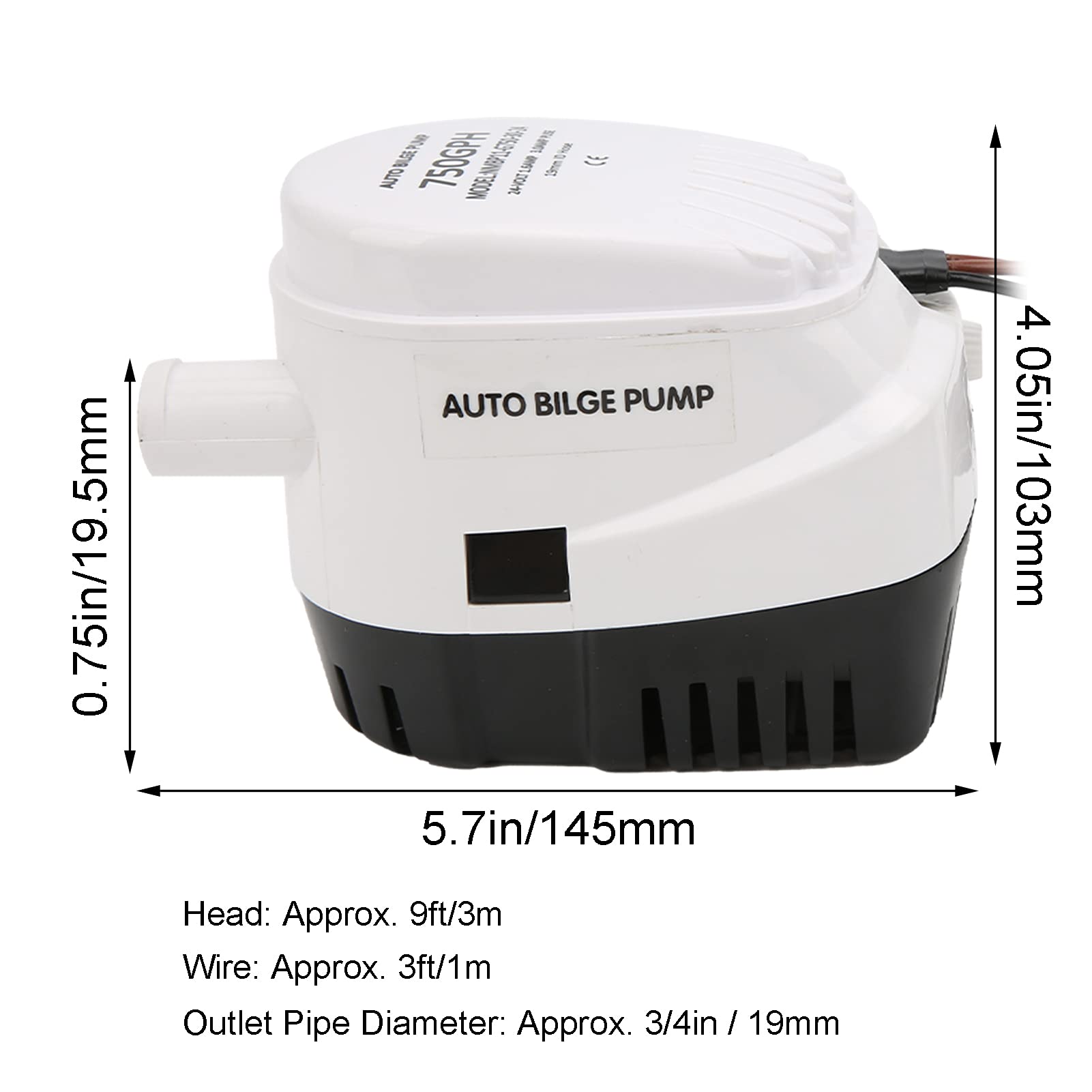 24V Pompa di Sentina Automatica Sommergibile 750GPH con Interruttore Galleggiante Integrato, Protezione Anticorrosione e Antincendio, Portata 2840L/H per Barca Yacht Marine