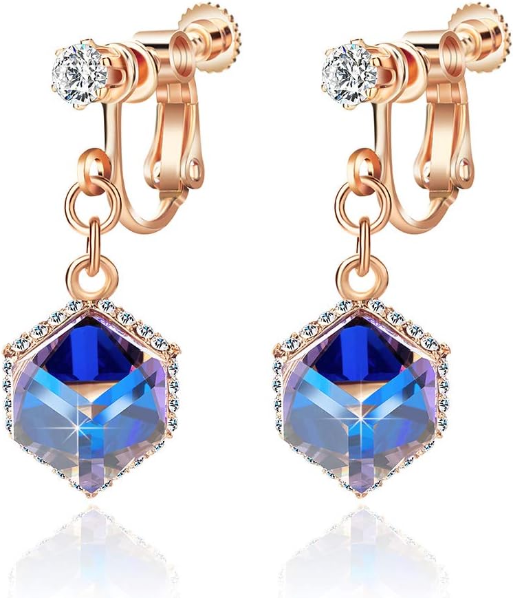 Cube Austrian Crystal Drop Clip On Dangle Earrings for Women Non Pierced 14K Rose Gold Plated Hypoallergenic Jewelry