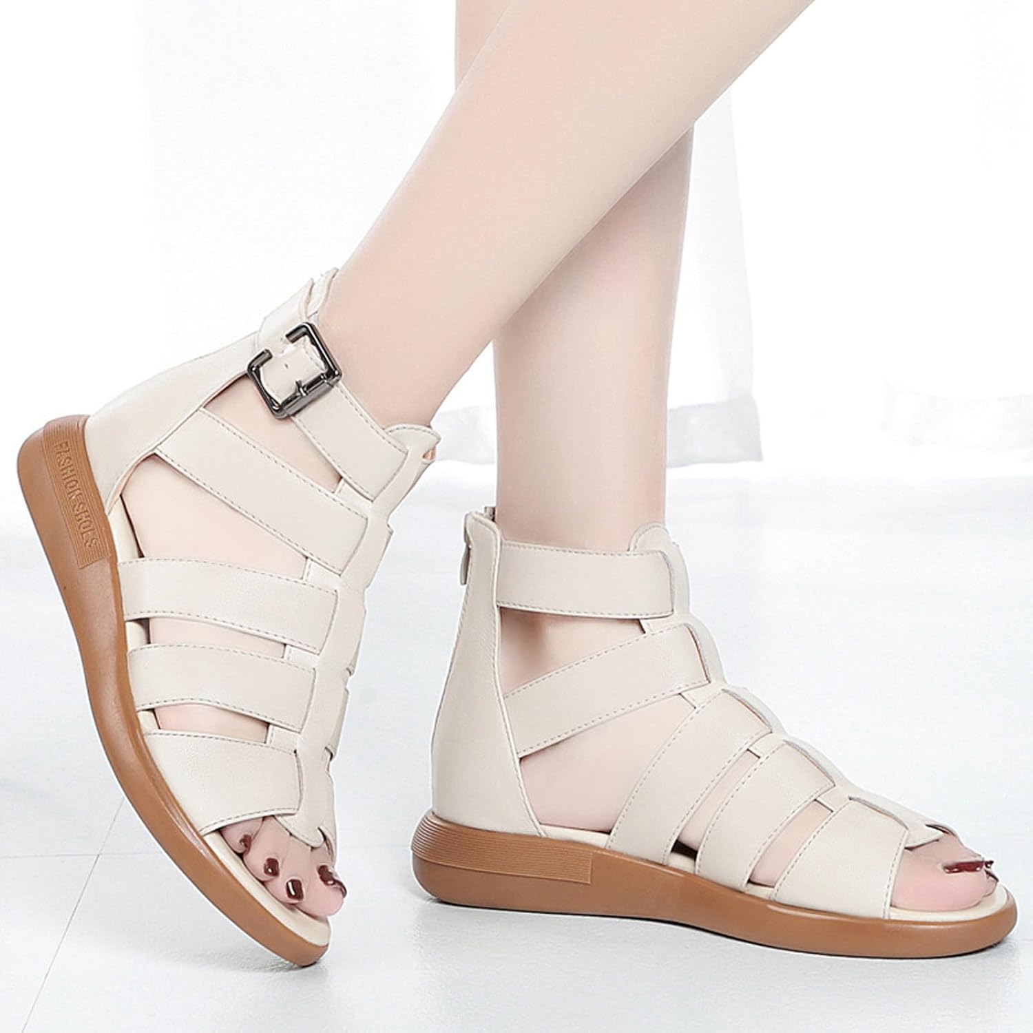 Women's Leather Hollow Back Zipper High-Top Gladiator Sandals Summer Breathable Adjustable Ankle Strap Round Open Toe Flat Casual Roman Sandals for Date Outdoor Party - Image 7