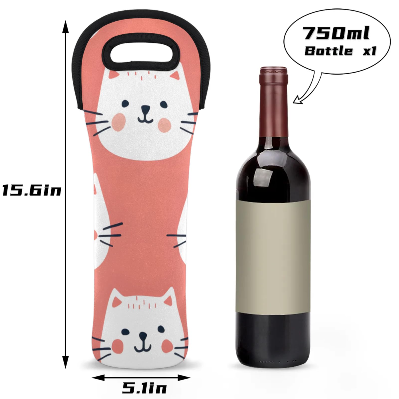Neoprene Wine Tote Carrier Bag for Wine,Water, Champagne, Beer, Baby Bottles 15.6 x 5.1 Inches, Protective Wine Bag,Cats Face