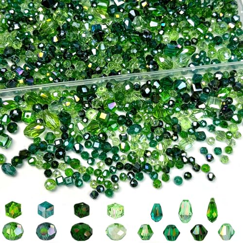 1000PCS Green Glass Crystal Beads Assorted Size/Shape Crystal Beads for Bracelet Craft Necklace Earring Planting Making Briolette Faceted/Bicone/Cube/Teardrop 1Box