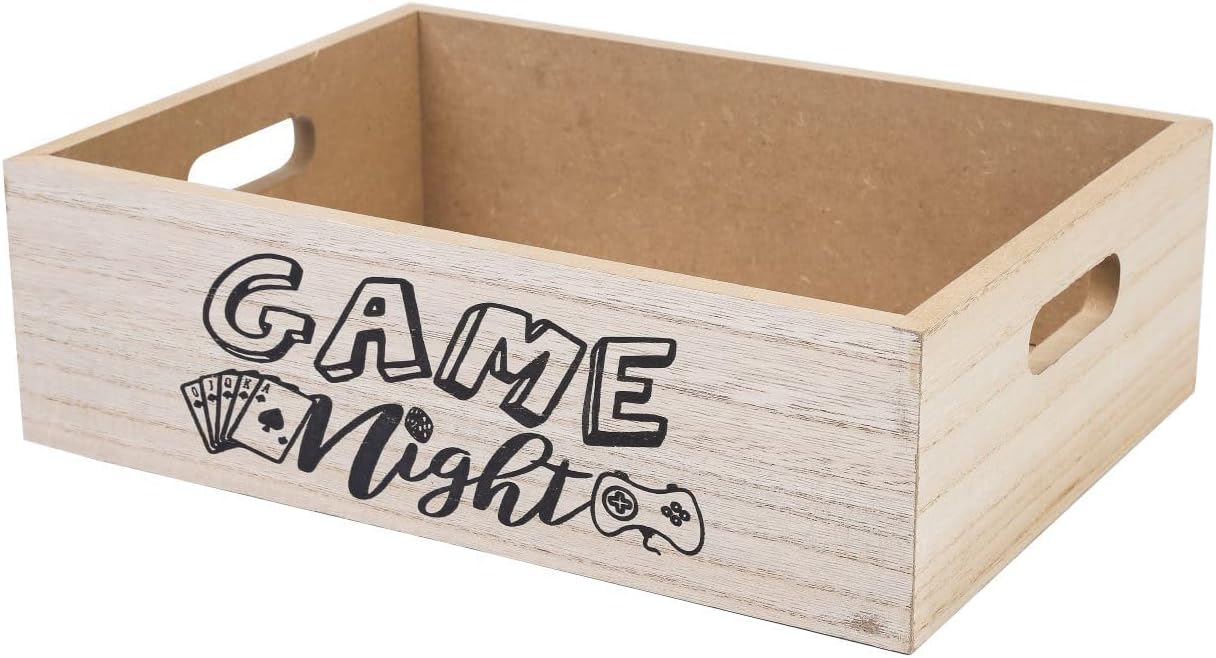 Wooden Game Night Snack Tray with Handles – Reusable Popcorn Bucket Organizer for Theater Room Decor – Sturdy Gift Basket for Family Game Nights & Holiday Parties (Game Night)