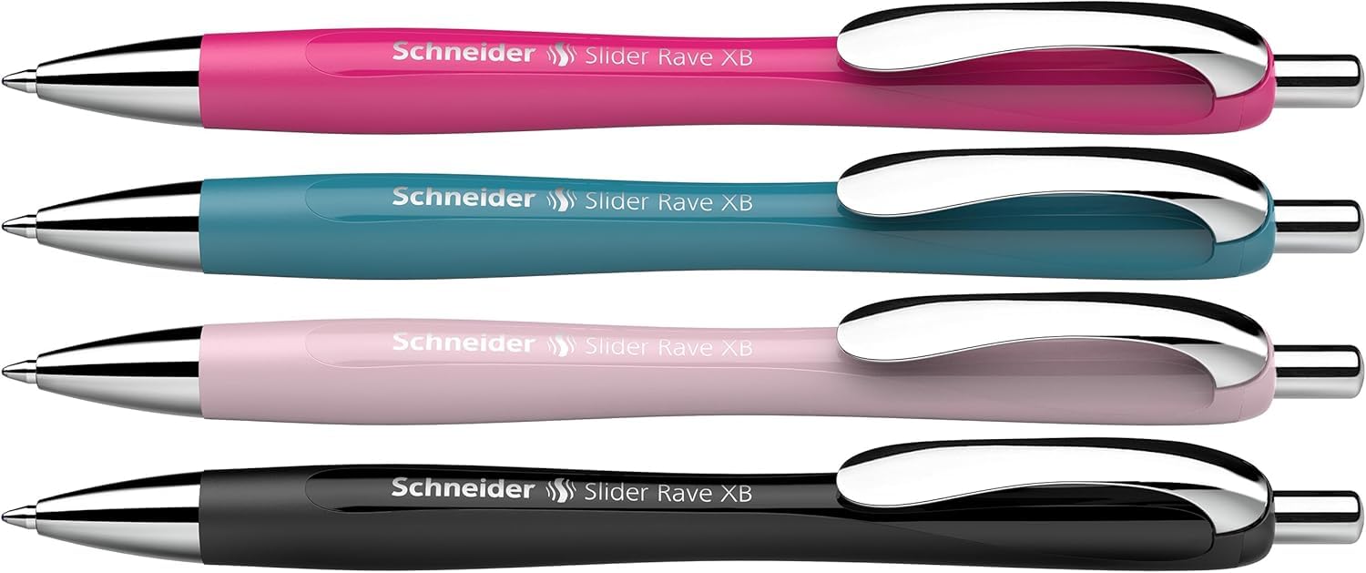 Schneider 132564 Slider Rave XB Ballpoint Pens Special Limited Edition 1 x Black, Hot Pink, Teal, Pearl, Made in Germany, Pack of 4, Writing Colour: Blue