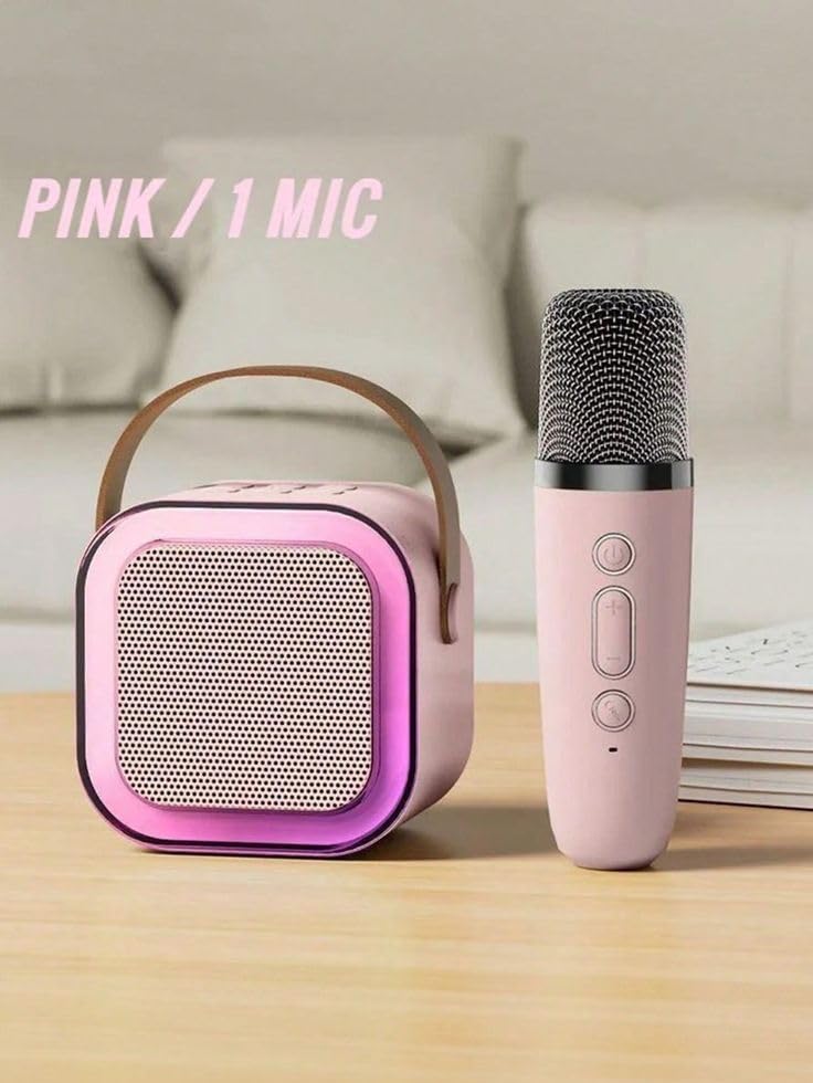 Image of SE HUB K12 Bluetooth-Compatible Wireless Karaoke Mic Speaker With Multi-Compatibility Modes, RGB Lights | Party POP Machine With Mic (Pink)