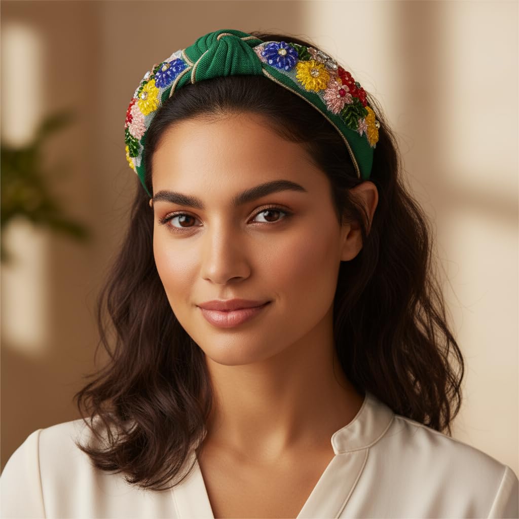 XSKL Handmade Beaded Headband Knotted Turban Hairband Fancy Headbands for Women Girls Birthday Gift (Green, M)