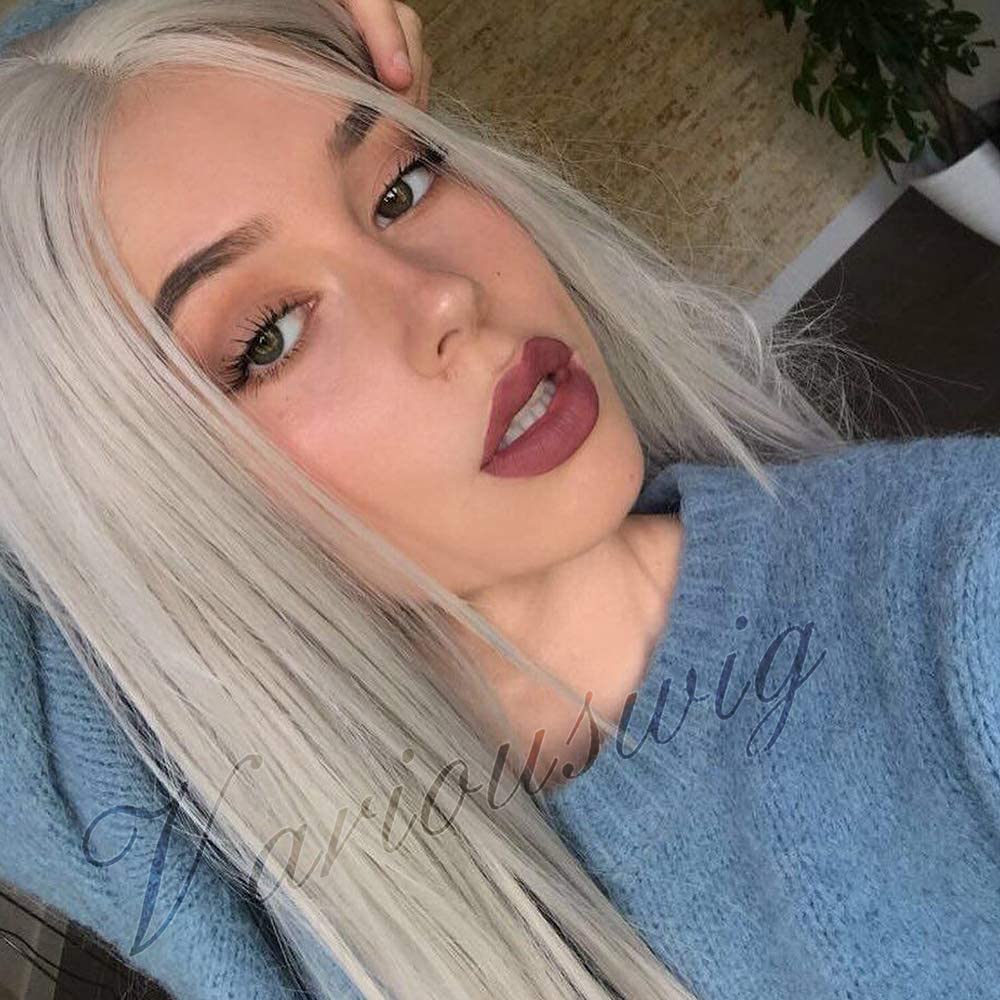 Grey Wig Light Silver Gray Platinum Blonde Lace Front Wig Natural Straight Soft Heat Resistant Fiber Hair Wigs For Women Daily Party Holiday