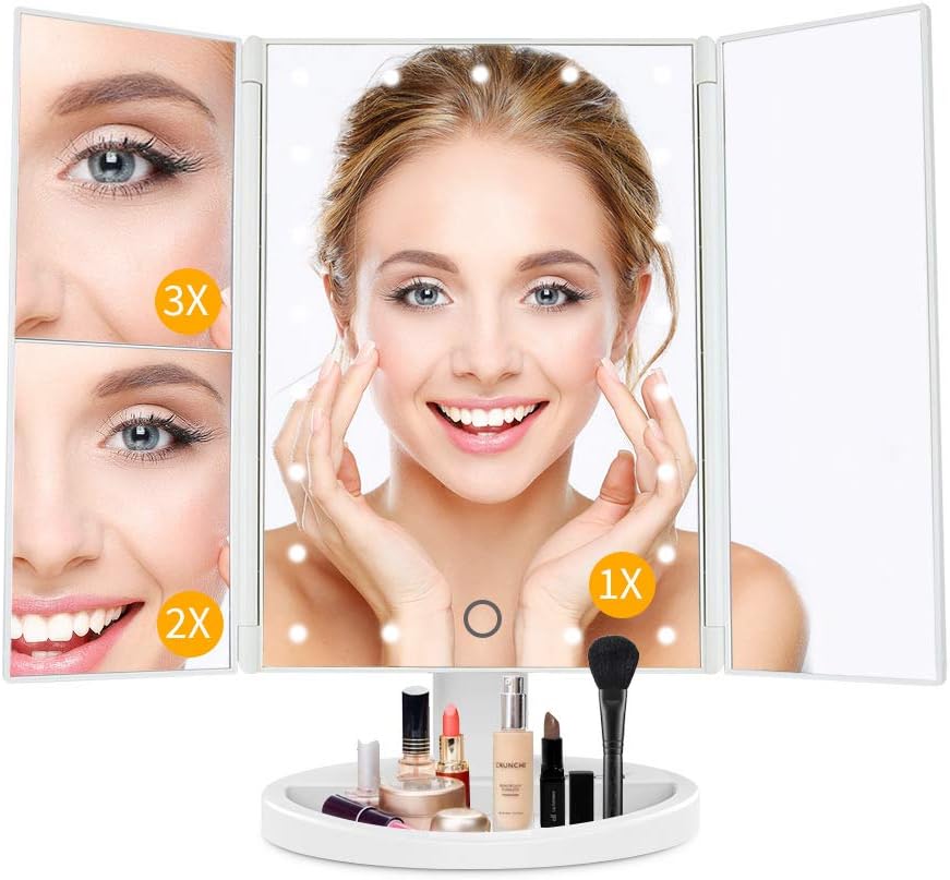 JAMIEWIN Lighted Makeup Mirror 3X/2X/1X Magnification 21 LED Trifold Vanity Mirror with Touch Sensor Dimming Portable Travel Mirror Best Xmas Gifts for Women Girls