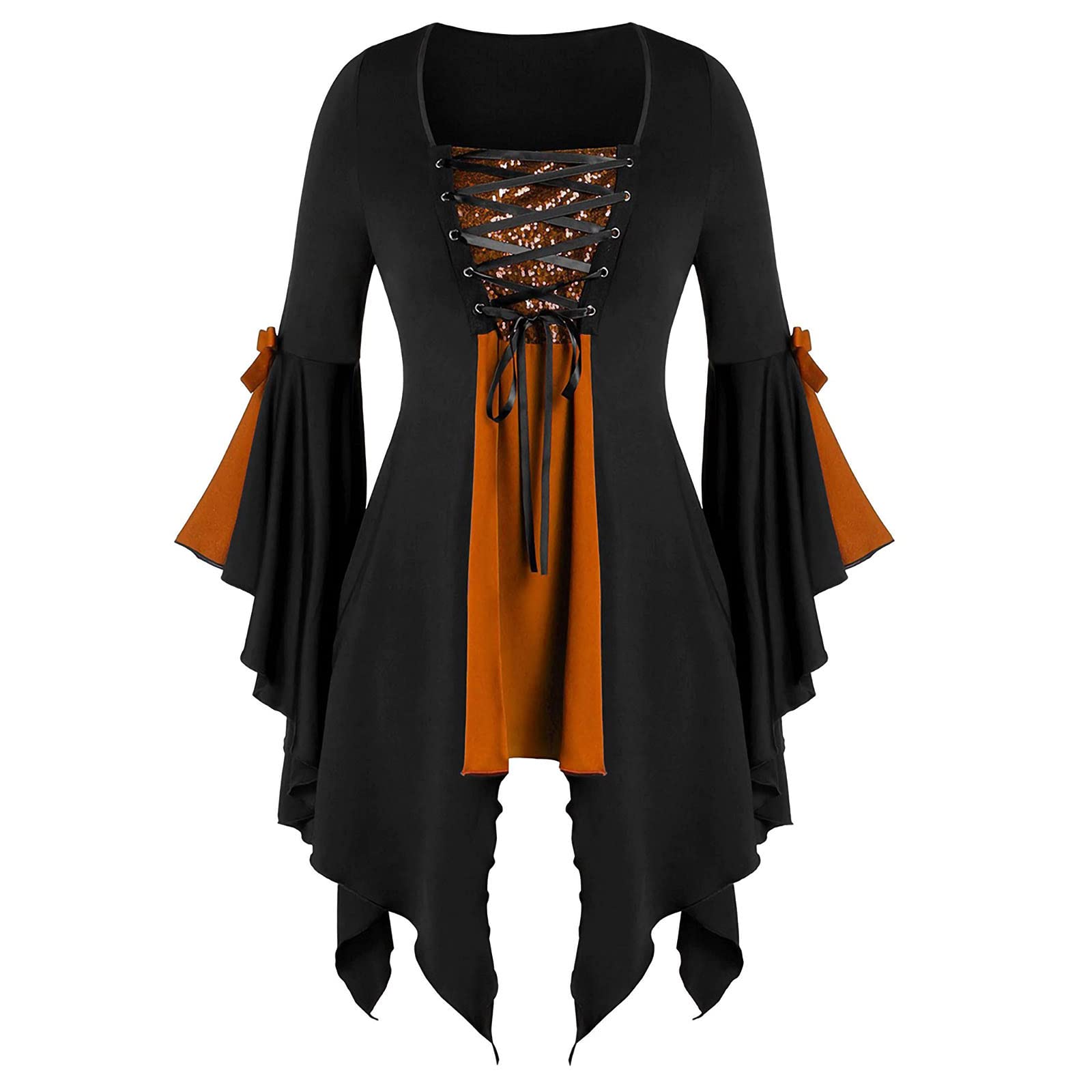 RKaixuni Women Gothic Steampunk Victorian Renaissance Blouse Butterfly Sleeve Tops Flowy Lace Up Medieval Renaissance Corset Yellow