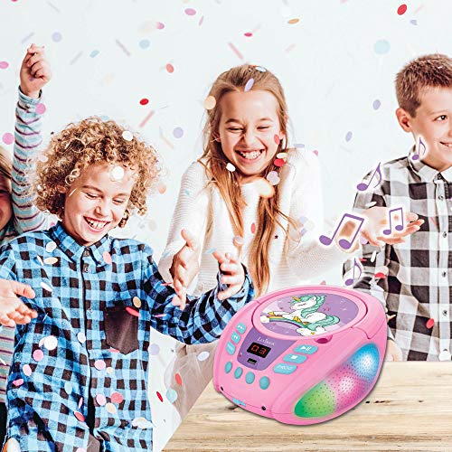 Lexibook Unicorn - Bluetooth CD Player for Kids – Portable, Multicoloured Light Effects, Microphone Jack, Aux-in Jack, AC or Battery-Operated, Girls, Boys, Pink, RCD109UNI by LEXiBOOK - Image 2