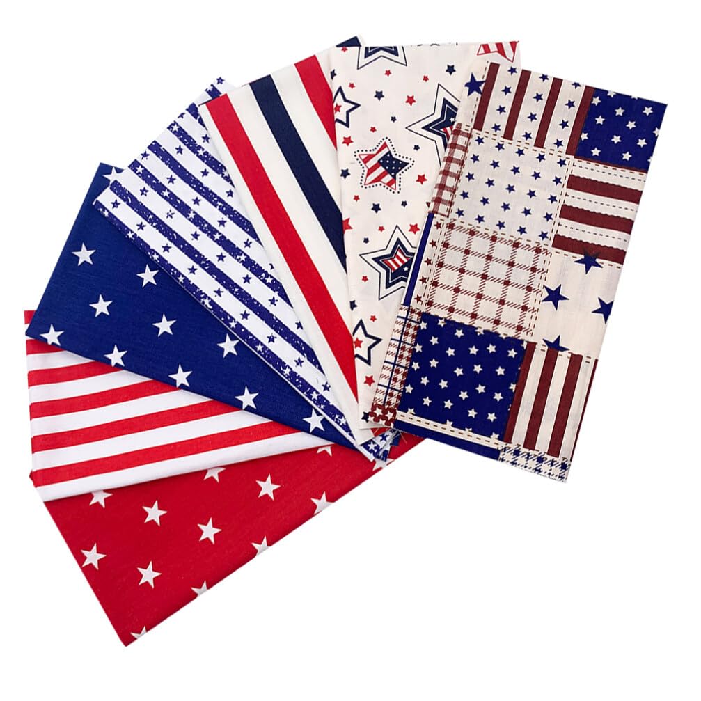 VILLCASE 7pcs Patriotic Cotton Fabric Bundles, Red Blue White Star Stripe Fat Quarters 4th of July Quilting Patchwork Squares Sewing Fabrics for DIY Crafting Home Party Decor