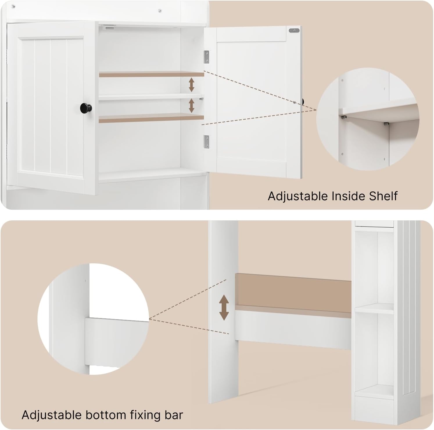 Ahomly Over The Toilet Storage Cabinet, 32.3" W Over Toilet Bathroom Organizer with Doors, Adjustable Shelves, Toilet Paper Holder, 2 Side Hooks, Space-Saver for Bathroom, Laundry, White - Image 5