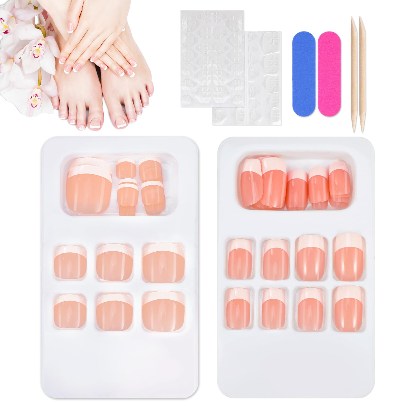 JSRQT Kit de Uñas Postizas Francesas Falso Acrilicas de Pies para DIY Manicura Natural Francés Nails Uñas de Los Pies Postizas para Mujeres Niñas Press on Nails Cubierta Completa Falsas Uñas de Pies