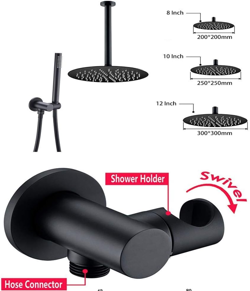 天井に取り付けられた真鍮のサーモスタットの浴室のレインフォールシャワーの蛇口ハンドヘルドシャワー付きのマットブラックの浴室、豪華なシ  ブラックレインシャワー サーモスタットシャワー蛇口セット 天井取り付けシャワーコンボセット 真鍮レインミキサーシャワー ...