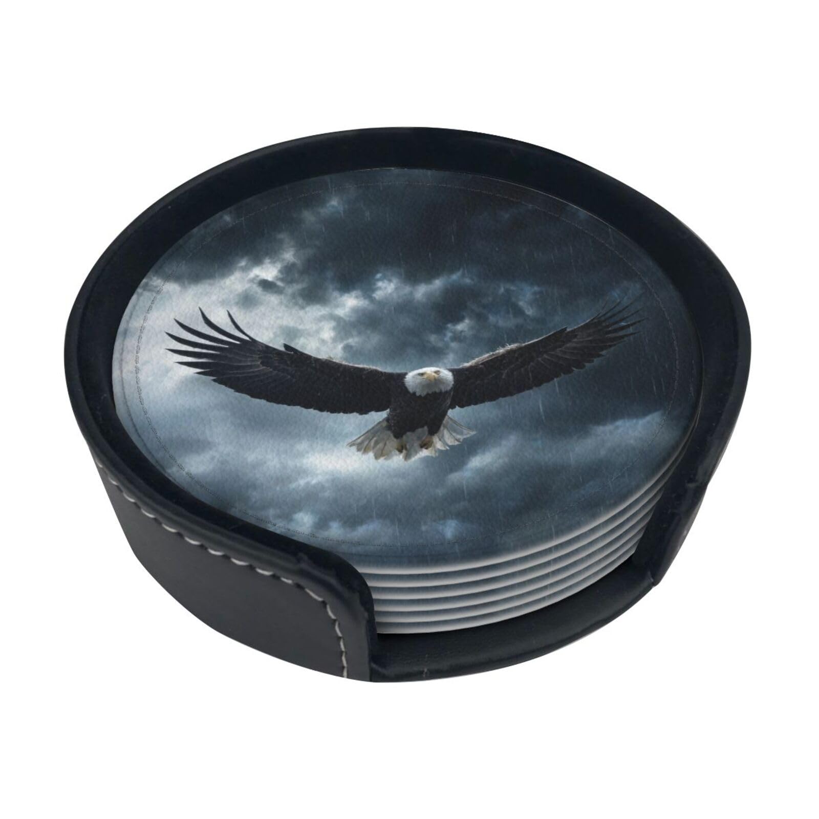 Eagle Storm Fly Leather Coasters-Set of 6 with Storage Holder