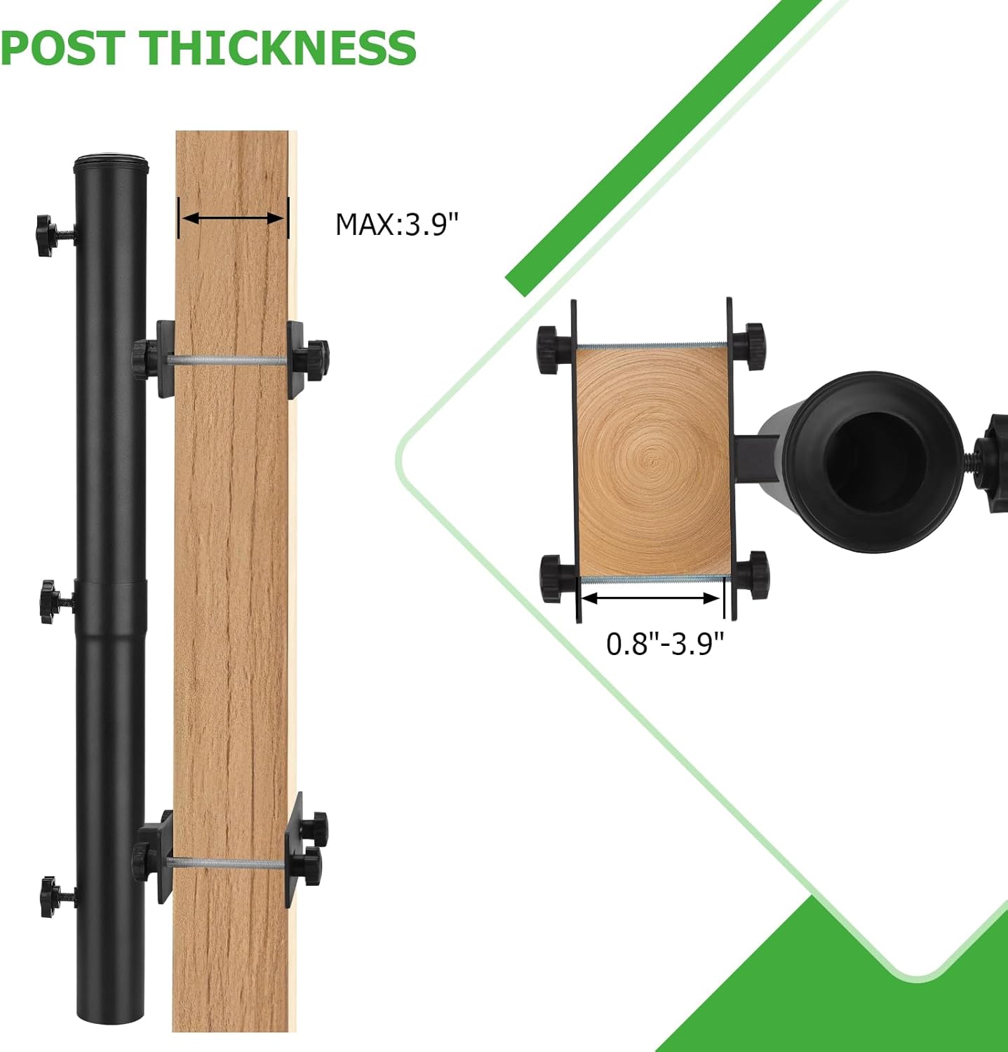 Lalafancy Balcony Umbrella Holder for Deck Railing, Post Deck Umbrella Mount Adjustable Brackets Clamp on Fence, Porch, Outdoor, Fits Pole ≤2'' & Post ≤3.9", Black