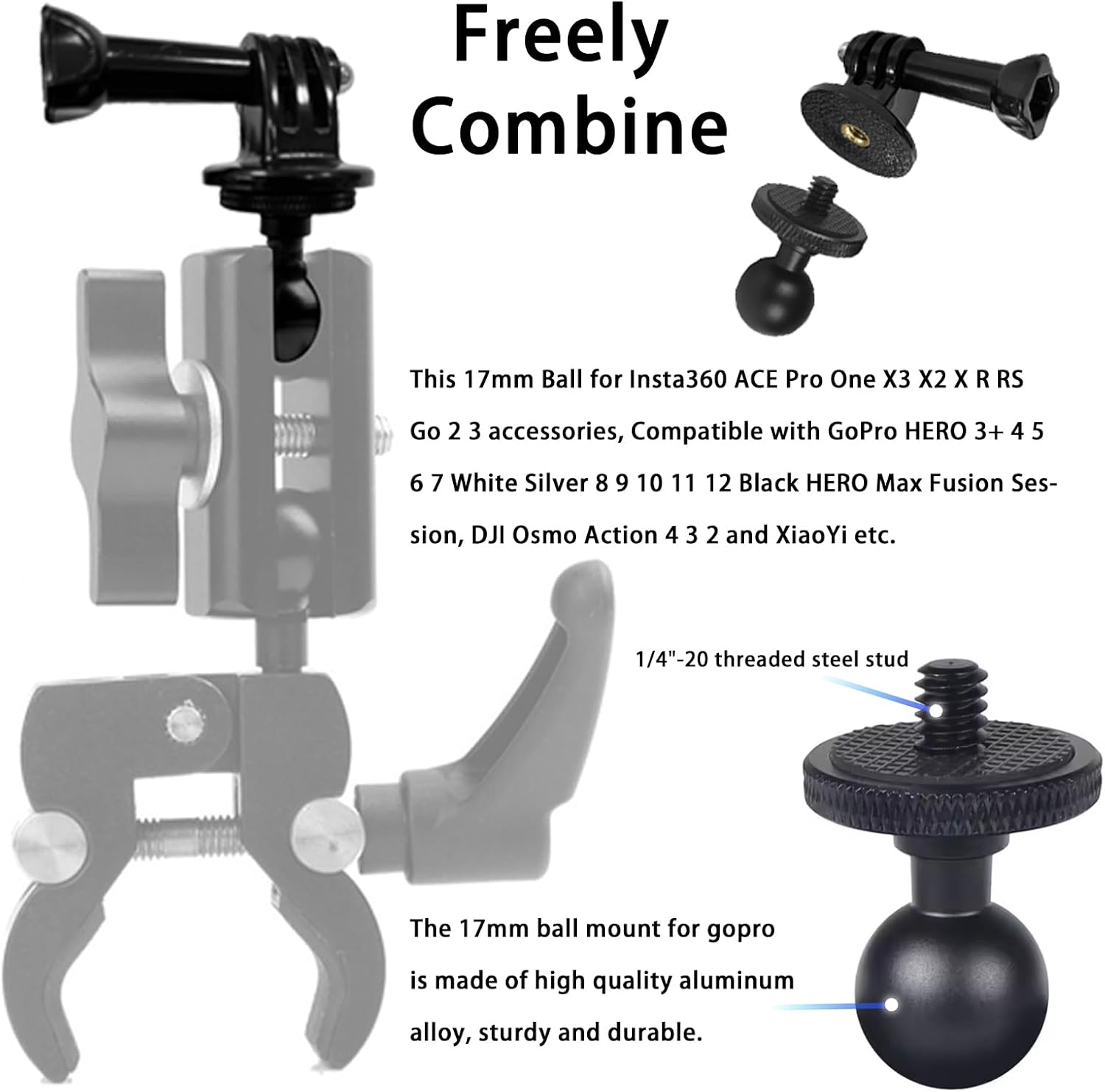 17mm Ball Mount Adapter for Insta360 ACE Pro One X6 X5 X4 X3 X2 X R RS GO 3 2, GoPro Hero, Compatible with 17mm Double Socket Arm Connects image 3
