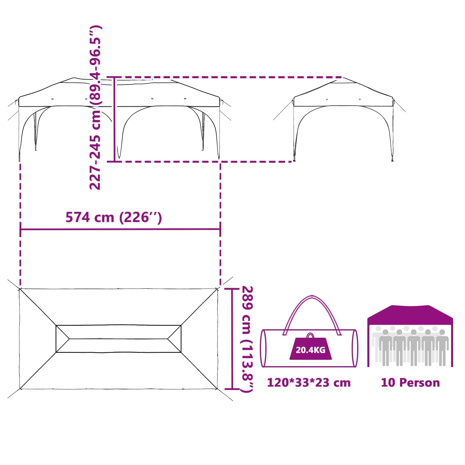 Namiot imprezowy Pop-up z tkaniny Oxford, 575 x 288 x 245 cm, ze stabilną ramą metalową, odporny na warunki atmosferyczne i wodoszczelny, na imprezę w ogrodzie, wesele, festiwal i wydarzenia