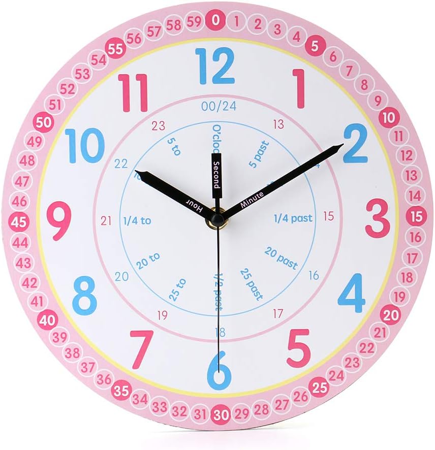 Kids Wall Clock Learning Time Wall Clock Educational Teaching Clock 10 Inch Silent Non Ticking Wall Clock for Girls Room,Kids Room, Playroom Decor, Classroom.