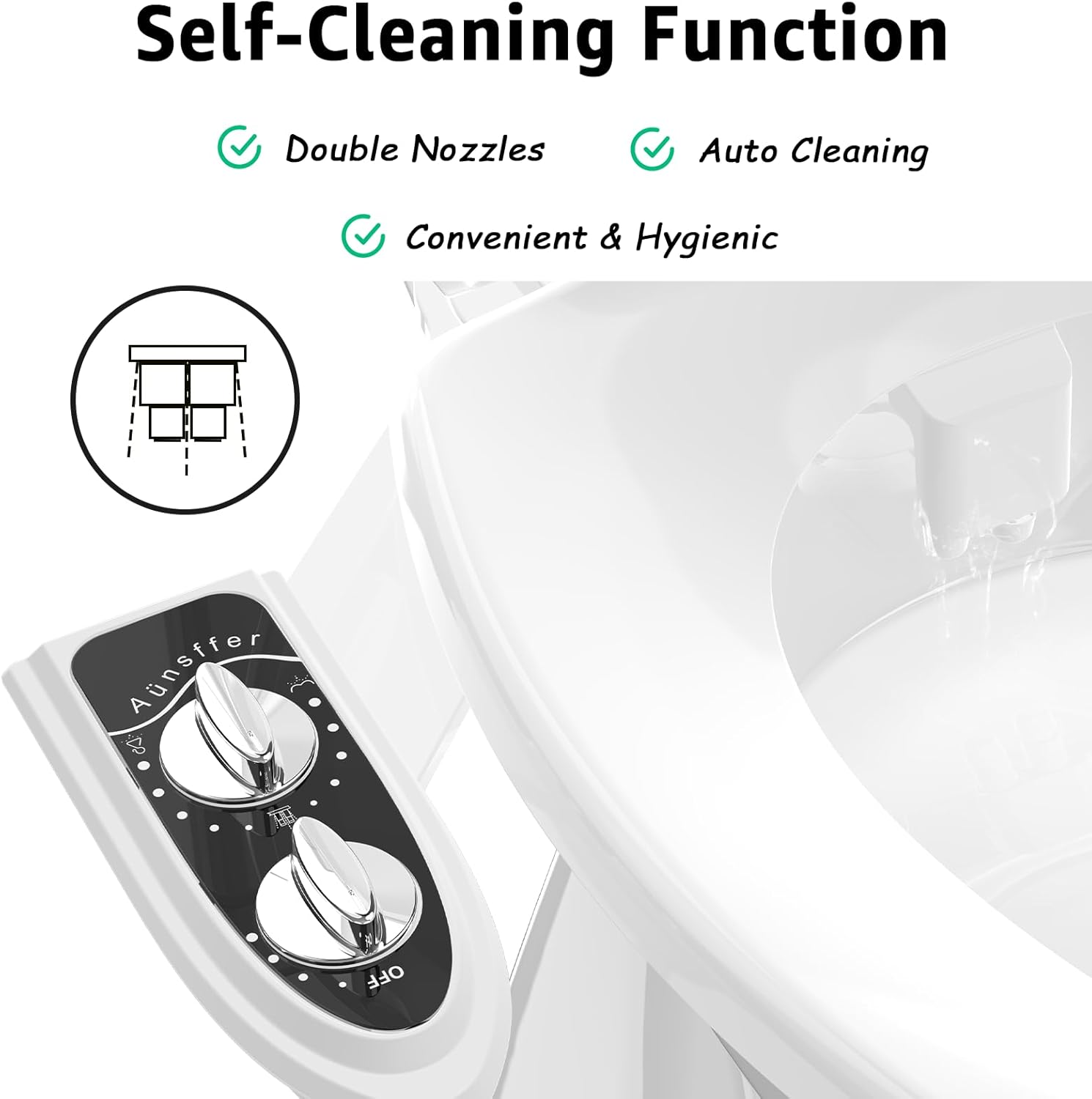 Aünsffer Bidet Toilet Attachment, Toilet Bidet Cold Water No-Electric, 3 Wash Modes Female Wash/Bidet Wash/Self-Cleaning, Super-Slim Design, 2 Years Support, Black