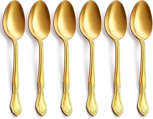 Miniatura 8 de Juego de cubiertos dorados de 30 piezas, cubiertos de acero inoxidable con acabado satinado que incluye tenedores, cucharas y cuchillos, diseño de