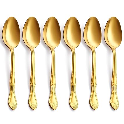 Matte Gold Dinner Spoons, FULLYWARE Stainless Steel Satin Finish Soup Spoon Table Spoon Set of 6, Rose Pattern Design, Dishwasher Safe
