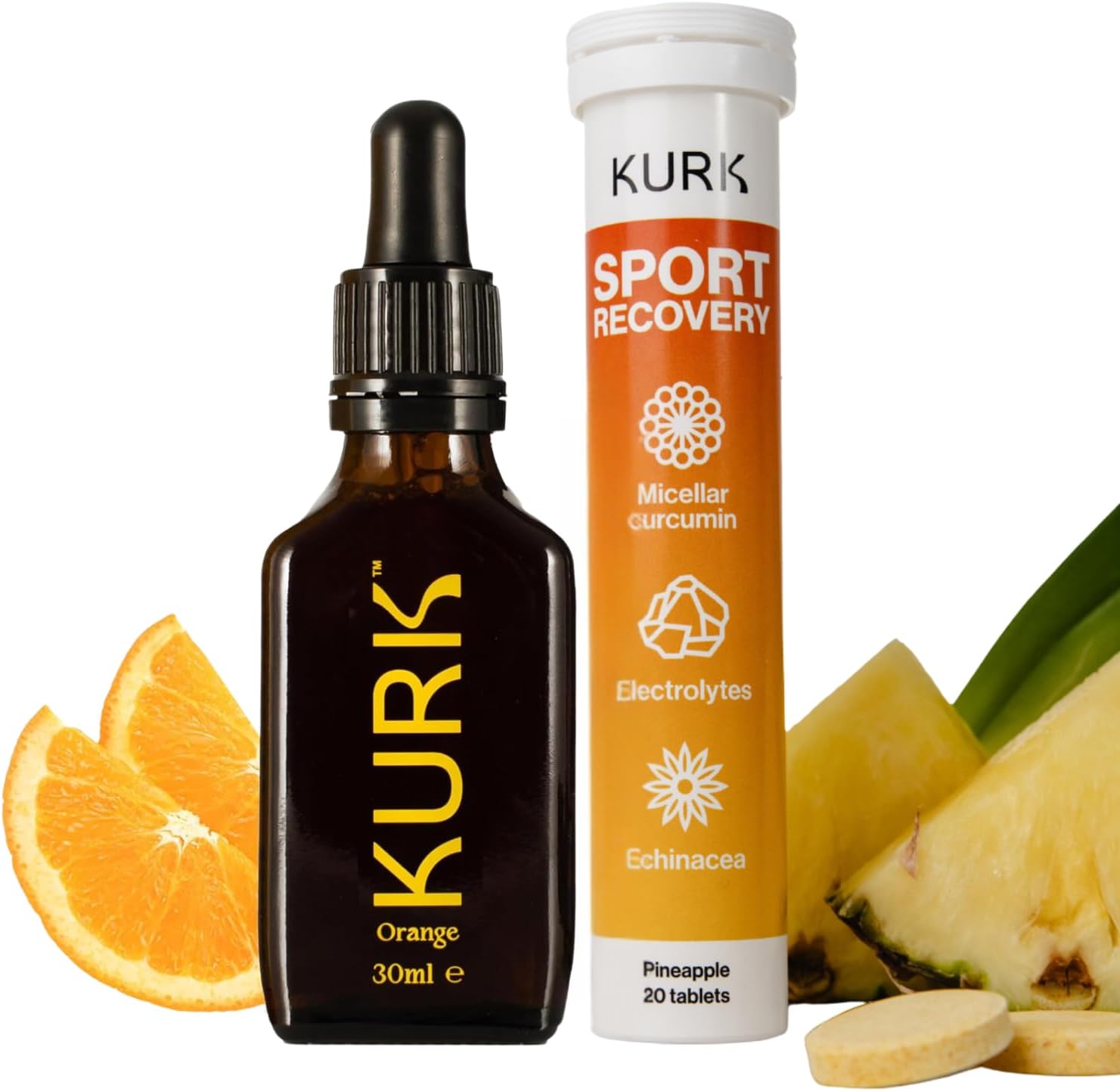 Kurk High Strength Liquid Curcumin Oil from Turmeric (Orange 1 Fl Oz) Sport Electrolyte Tablets (Pineapple 20 Effervescent Tabs) Bundle