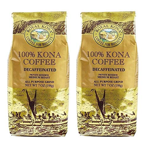 Royal Kona 100% Hawaiian Kona DECAF Coffee, Ground, Private Reserve Medium Roast - 7 Ounce Bag (Pack of Two)
