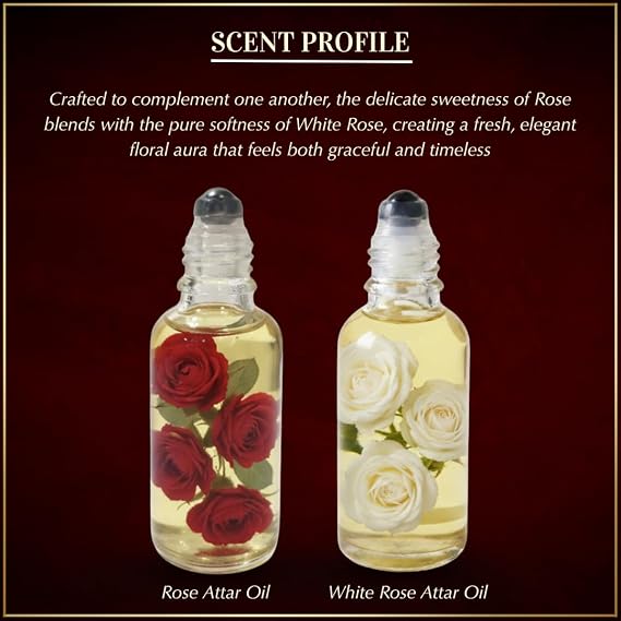Dukhni Rose & White Rose Attar Combo | 2 x 30ml Roll-On Arabic Perfumes | Pure Floral Fragrance | Alcohol-Free, Halal & Vegan | Eid & Ramadan Gift for Men & Women
