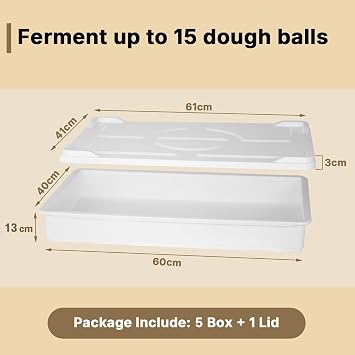 5 Packs Pizza Dough Proofing Box Stackable 60 x 40 x 13cm Pizza Dough Box with Lid, Professional Plastic Proofing Tray, Dishwasher Safe (5 Boxes + 1 Lid)