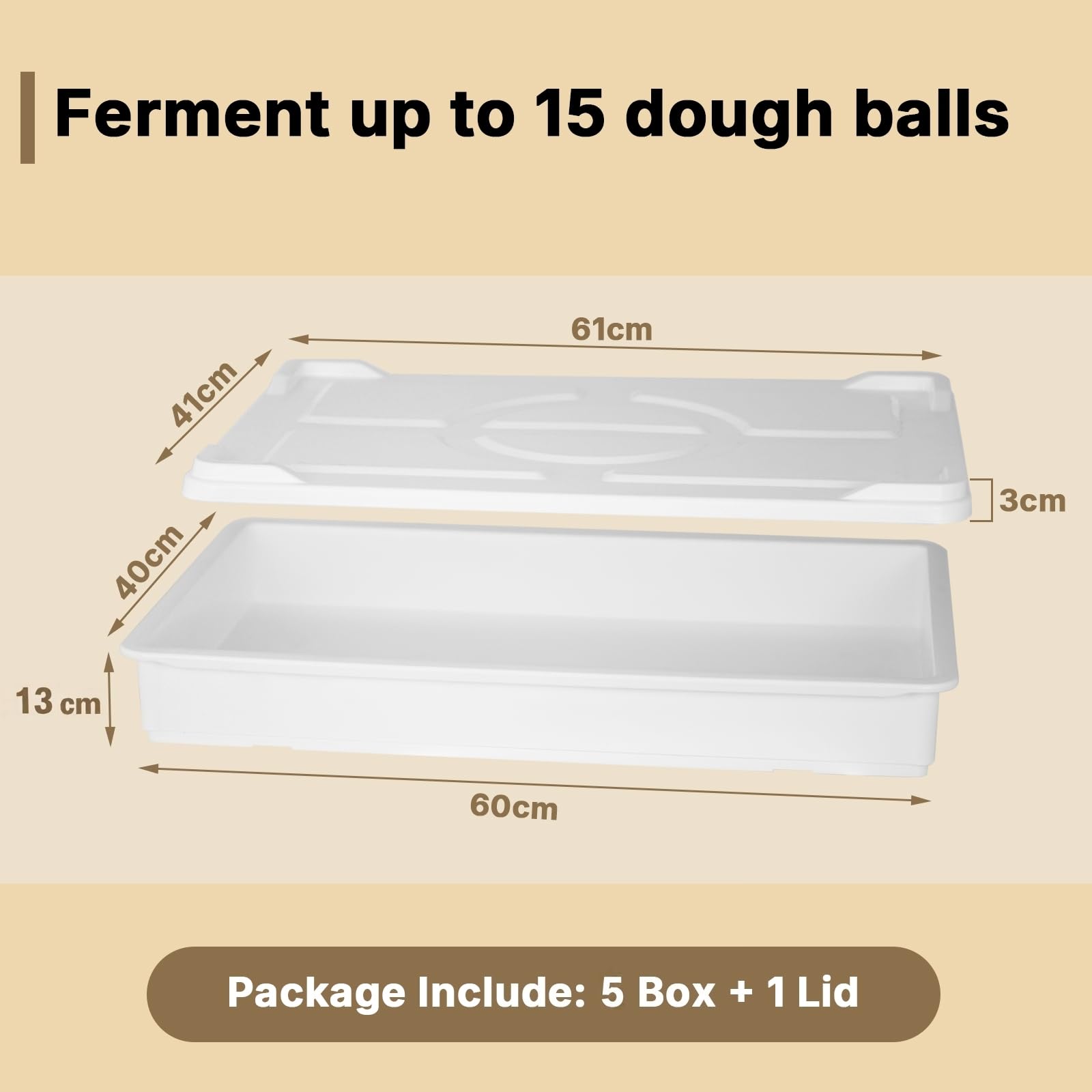 5 scatole impilabili per impasti per pizza, 60 x 40 x 13 cm, con coperchio, vassoio professionale in plastica, lavabile in lavastoviglie (5 scatole + 1 coperchio)