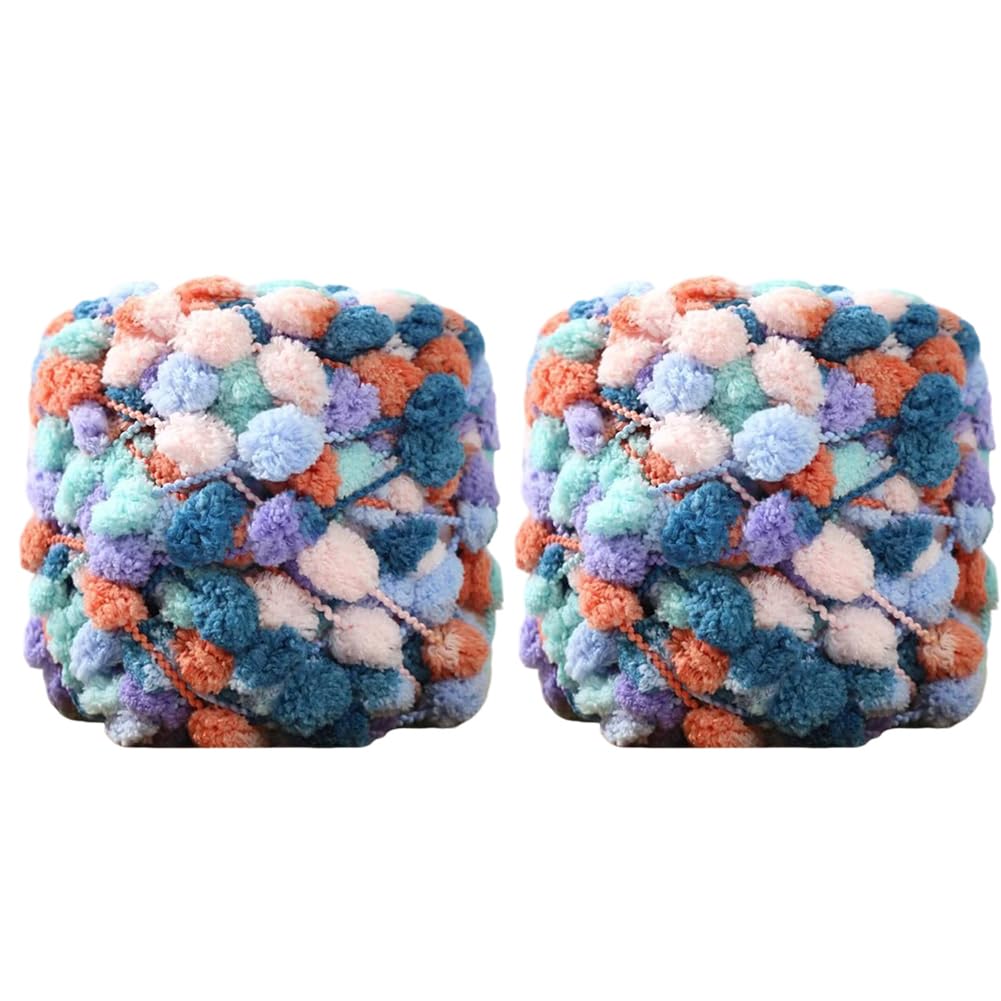 2 Rolls Pom Pom Knitting Yarn Soft Fluffy Chunky Yarn Crochet Yarn Balls Colorful Hand Knitting Yarn for DIY Shawl Scarf Blanket Mat