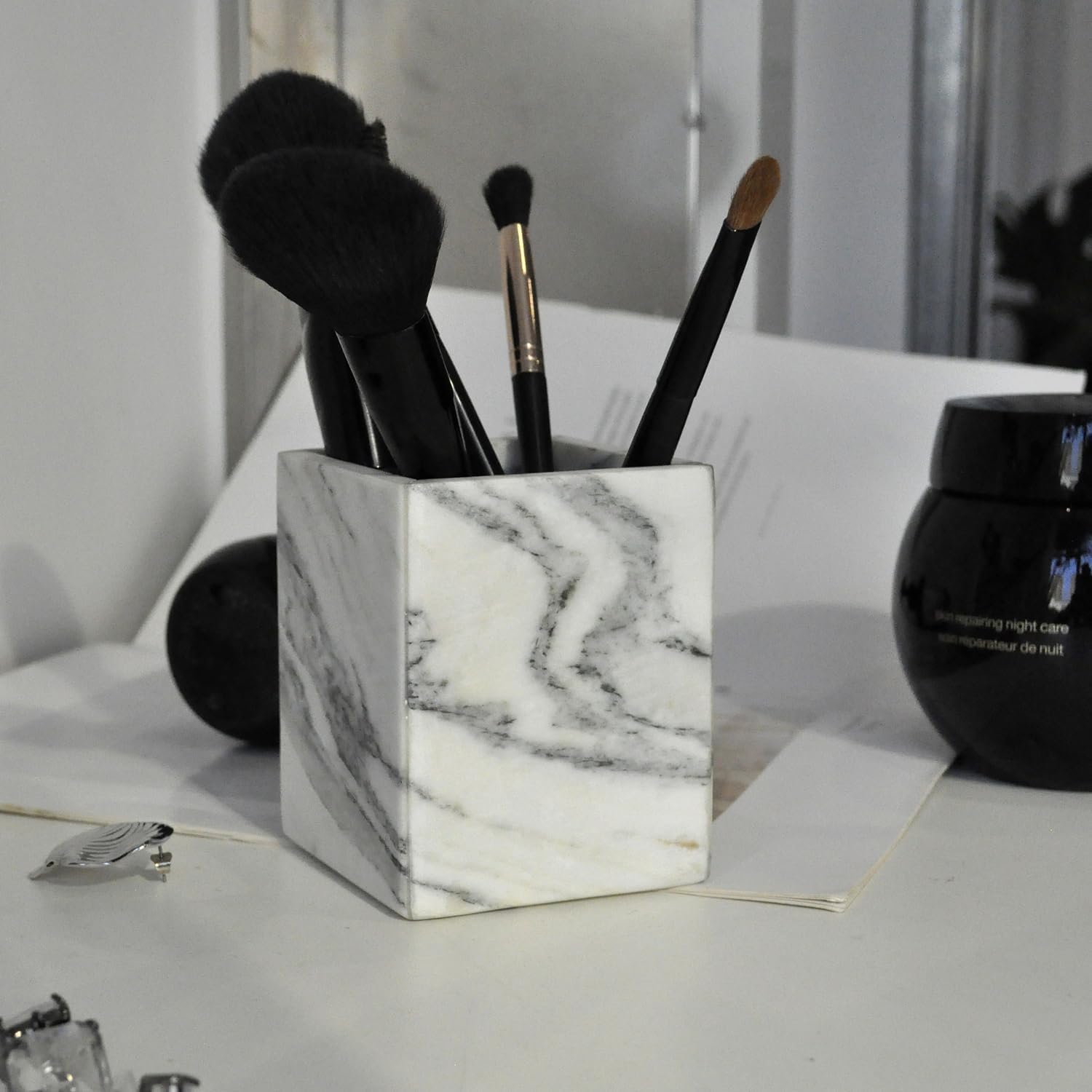 Real Luxurious Marble Toothbrush Holders for Bathroom, 100% Natural Marble Makeup Brush Holder Countertop Organizer (Arabescato White)