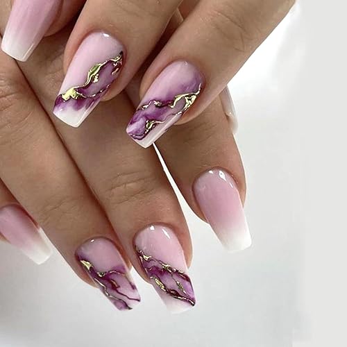 Uñas postizas a presión de mármol morado con lámina dorada, uñas postizas largas con degradado rosa, uñas postizas reutilizables con pegamento en disponible en Yaxa Peru