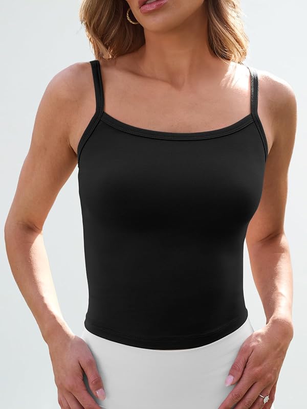 Trendy Queen Spaghetti Strap Crop Tank Tops for Women Black | Cute Summer Cropped Camisoles Fitted Basic Layering Undershirts for juniors under Clothes image 3